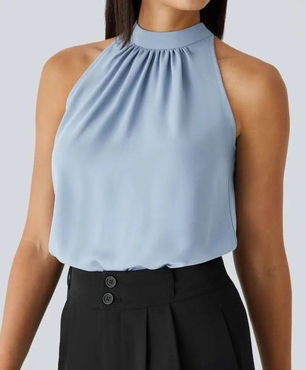 Halara Keyhole Back Halter Curved Hem Work Blouse M NWT